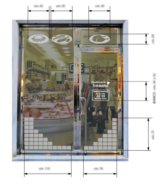 Insegna e vetrina negozio Rosticceria Besana